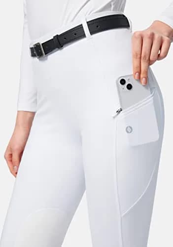 SANTINY Women's Horse Riding Pants with Zipper Pockets Knee-Patch Schooling Tights for Women (White_M) | Breathable & Fitted Breeches thumbnail 4