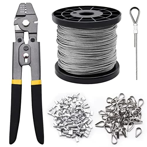 FGBNM Heavy Duty Wire Rope Crimping Tool Kit with 328ft 1/16" Stainless Steel Cable & Aluminum Sleeves | Crimper, Cutters, Thimbles Included thumbnail 1