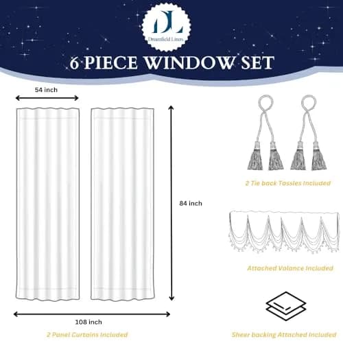 DreamField Linen Jacquard Window Curtains 274.32cm (108"W) x 213.36cm (84"L) Set | Elegant Damask Design with Valance & Tie-Backs thumbnail 2