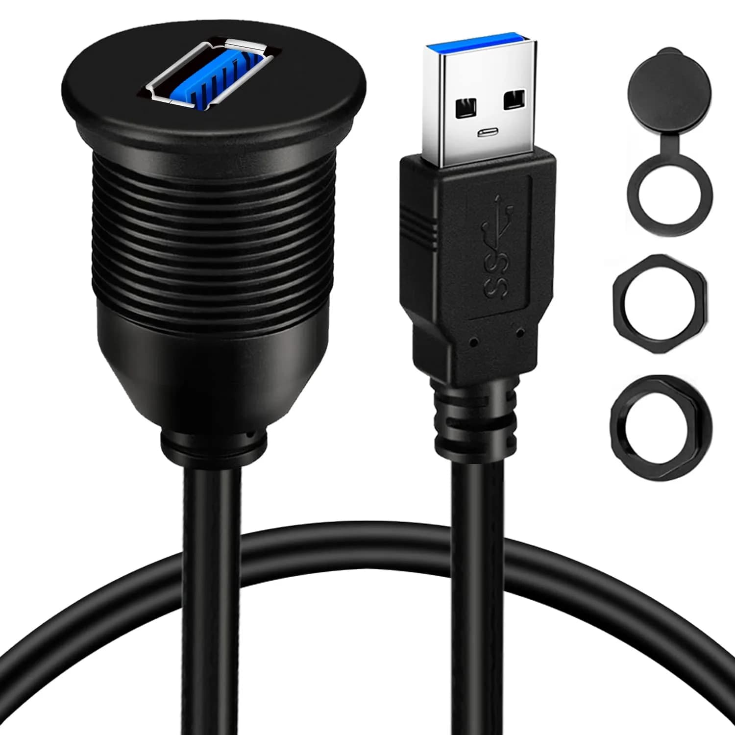 BATIGE USB 3.0 Male to Female AUX Car Mount Flush Cable 3ft | Waterproof Car Extension — 1ft