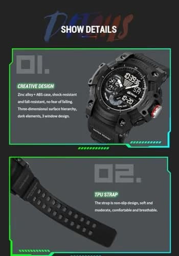 Gosasa Men's Multi-Function Military Sports Watch 50mm (1.96") | Dual Time Analog-Digital LED thumbnail 10