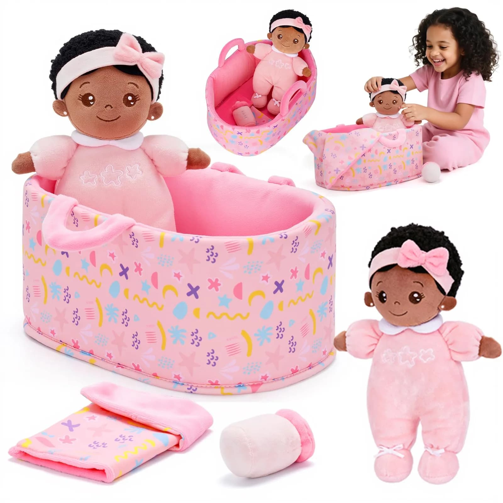 OUOZZZ Soft Plush Baby Doll 10" (25.4 cm) Snuggle Buddy Pink Bow | CPC Certified & CPSIA Tested — A-nevaeh02 Pink Set