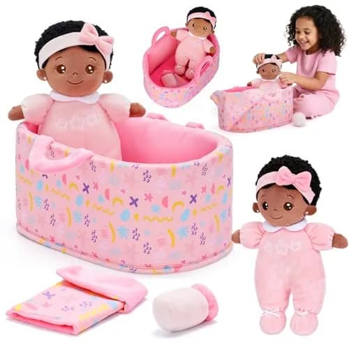 OUOZZZ Black Baby Doll with Bassinet, Blanket & Bottle Set 25cm (10 inch) | Educational Pretend Play Toy for Kids 3+ thumbnail 1