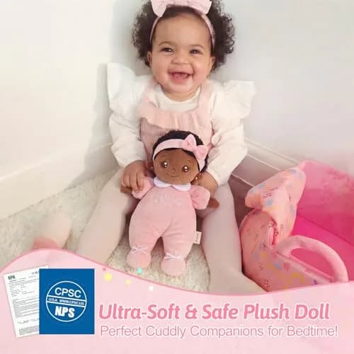OUOZZZ Black Baby Doll with Bassinet, Blanket & Bottle Set 25cm (10 inch) | Educational Pretend Play Toy for Kids 3+ thumbnail 3