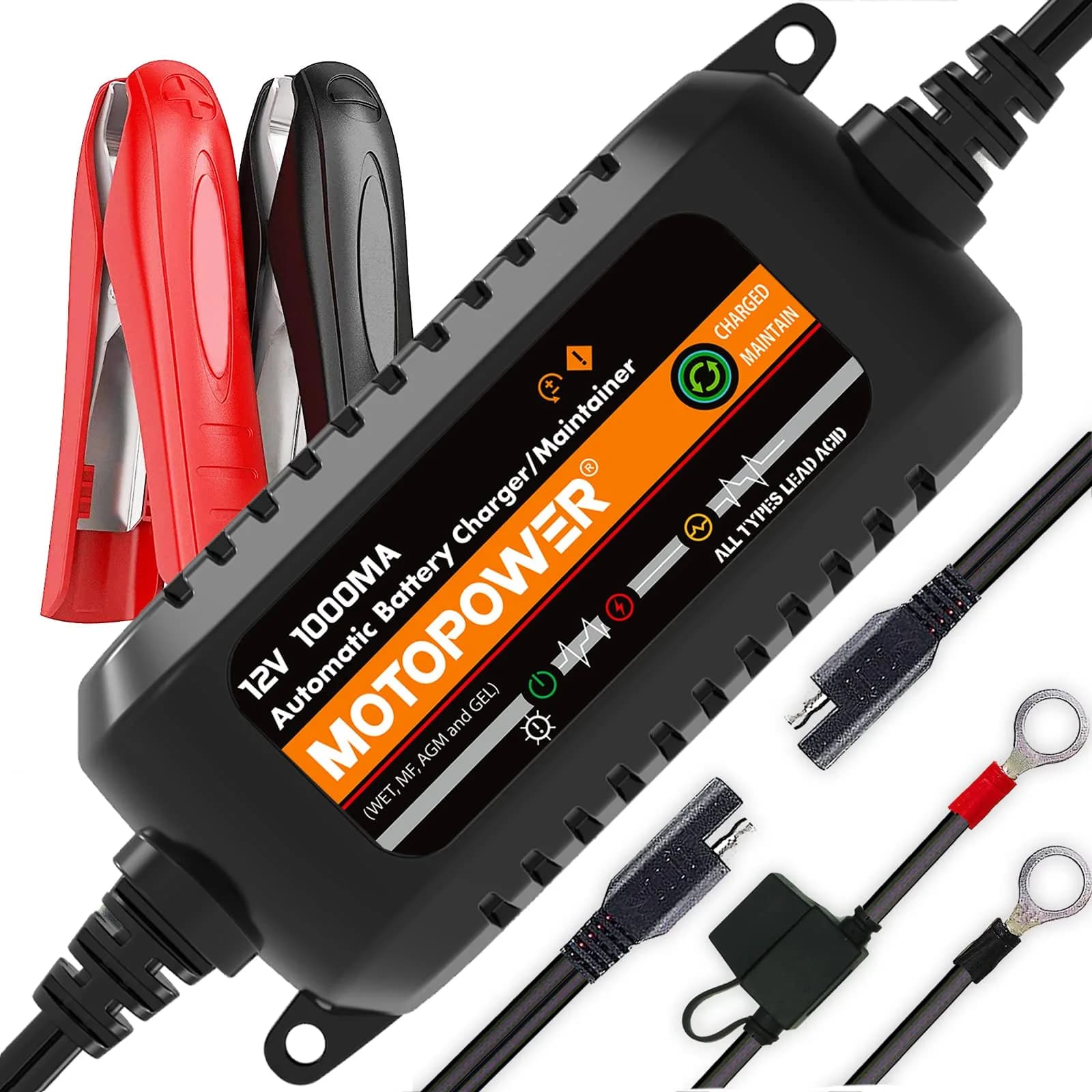 MOTOPOWER 12V 1000mA Automatic Battery Charger & Maintainer | Compact & Durable with Timer Protection — b) - Black