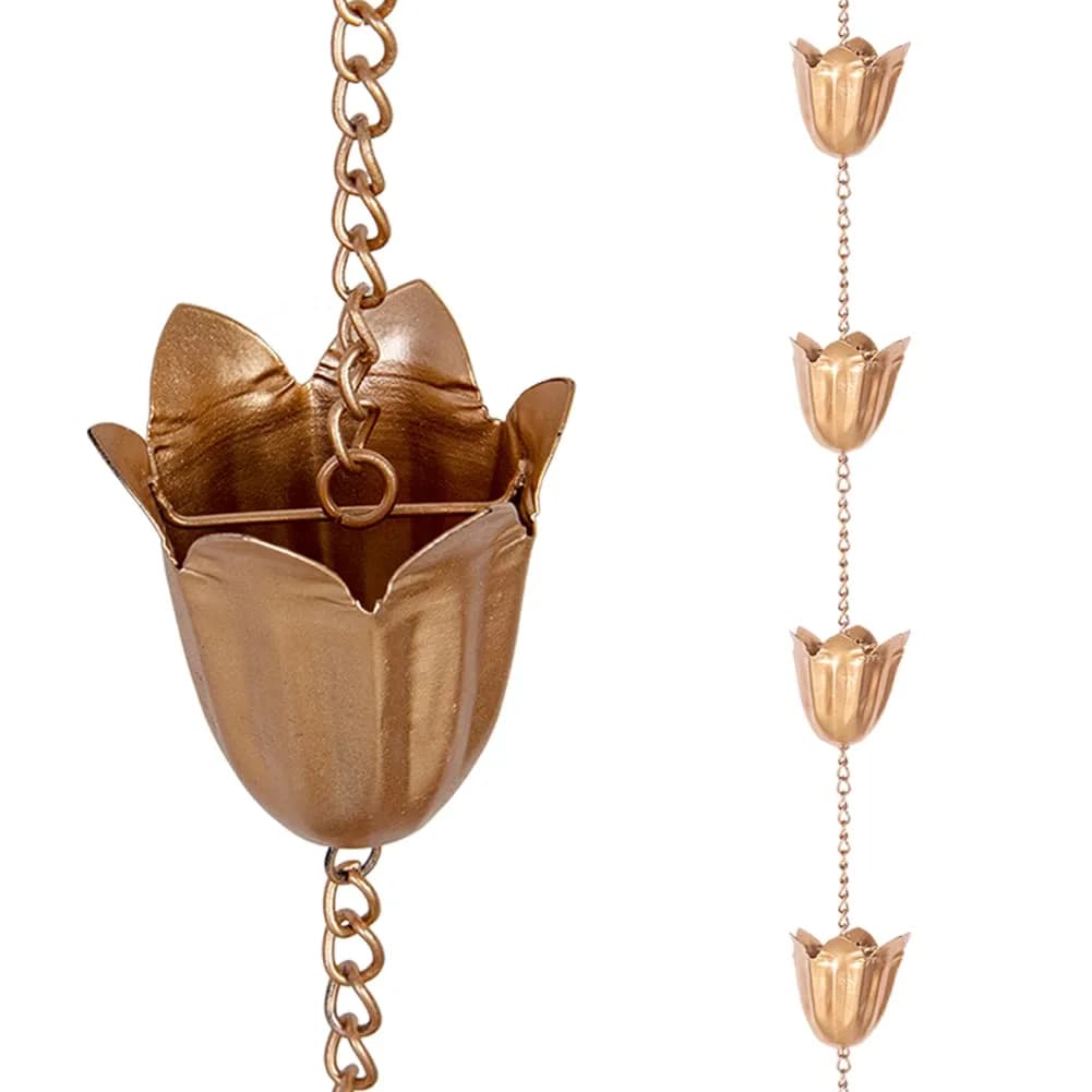 Qipade Tulip Rain Chain 2.53m (8.3 Ft) with 12 Cups | Copper Finish Gutter Downspout Alternative - main product image