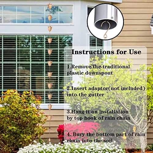Qipade Tulip Rain Chain 2.53m (8.3 Ft) with 12 Cups | Copper Finish Gutter Downspout Alternative thumbnail 7