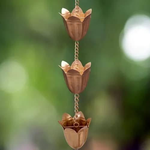 Qipade Tulip Rain Chain 2.53m (8.3 Ft) with 12 Cups | Copper Finish Gutter Downspout Alternative thumbnail 2