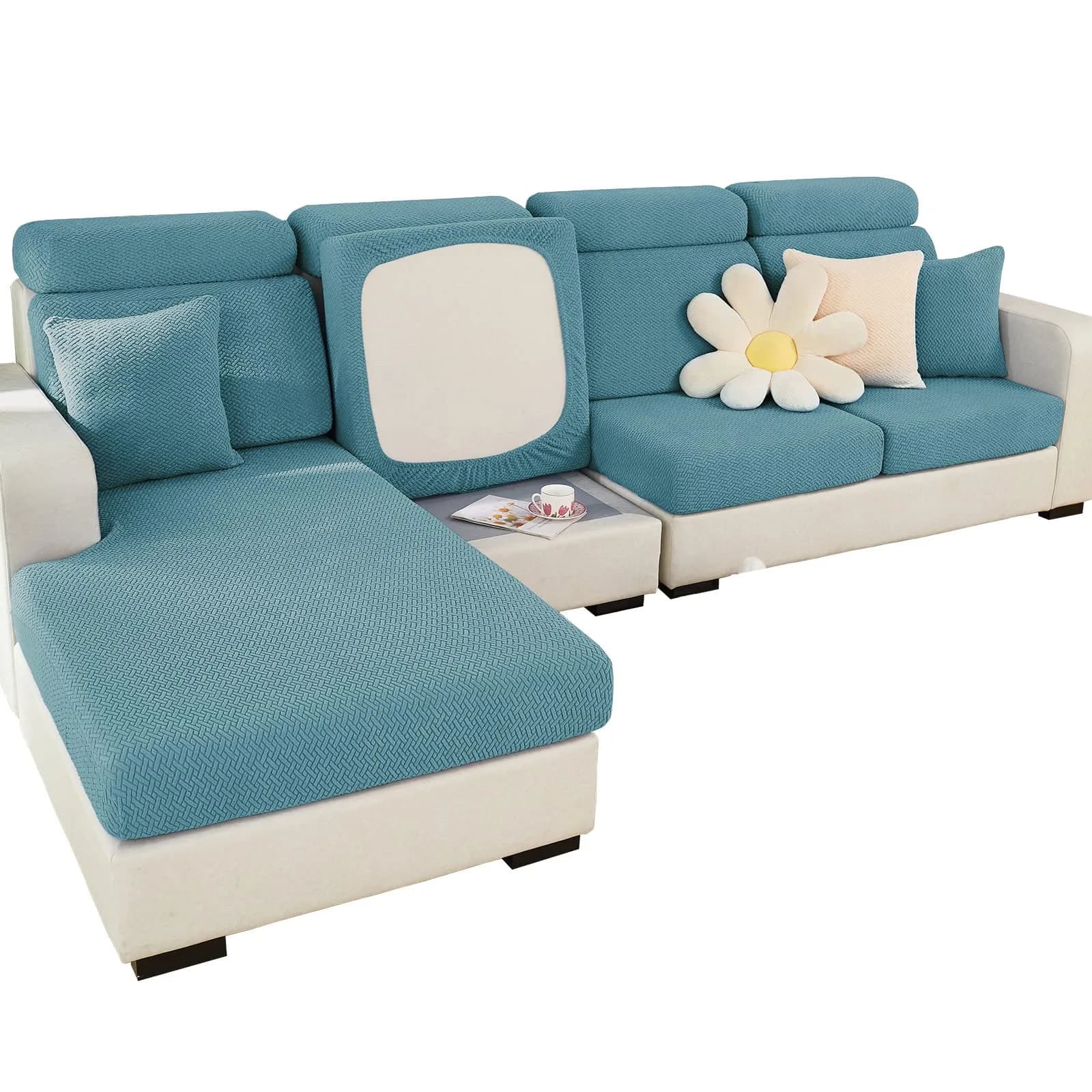 ShowyLive Stretch L-Shape Sofa Cover for Chaise Lounge - Weave Green | 155-185cm Length x 90-110cm Width — Weave Sea Blue / Medium Back Cover