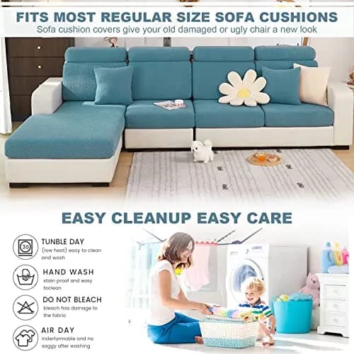 ShowyLive Stretch Sofa Cover for L-Shape Sectional Couch - Weave Sea Blue, Medium Back Cover | Protects Furniture from Pets & Stains thumbnail 6