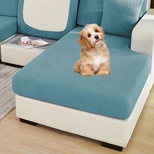 ShowyLive Stretch Sofa Cover for L-Shape Sectional Couch - Weave Sea Blue, Medium Back Cover | Protects Furniture from Pets & Stains thumbnail 7