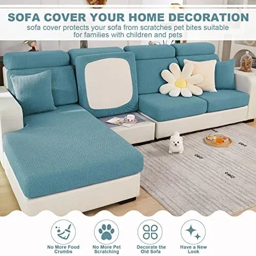 ShowyLive Stretch Sofa Cover for L-Shape Sectional Couch - Weave Sea Blue, Medium Back Cover | Protects Furniture from Pets & Stains thumbnail 3