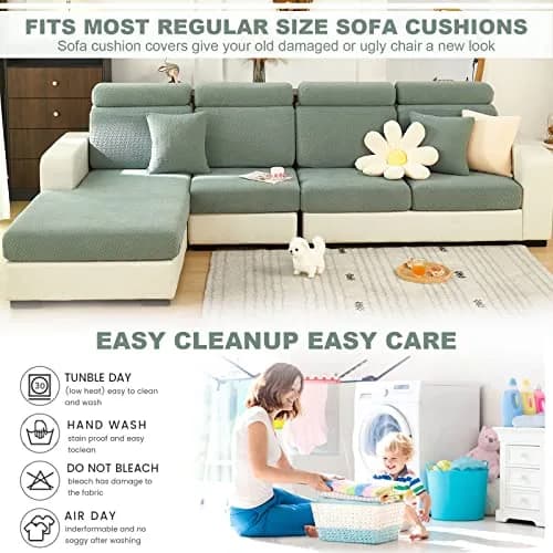 ShowyLive Stretch L-Shape Sofa Cover for Chaise Lounge - Weave Green | 155-185cm Length x 90-110cm Width thumbnail 6