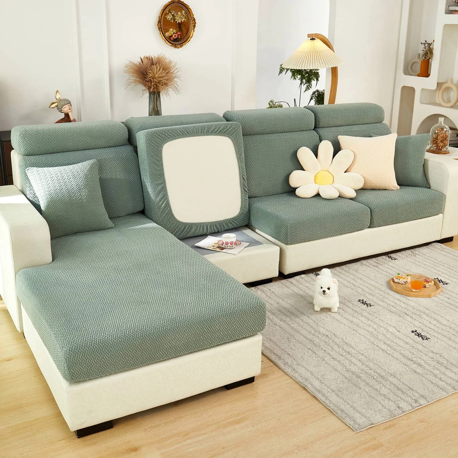 ShowyLive Stretch L-Shape Sofa Cover for Chaise Lounge - Weave Green | 155-185cm Length x 90-110cm Width - main product image