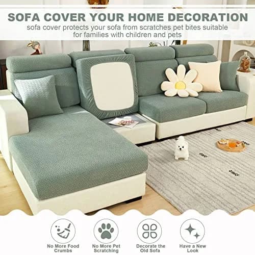 ShowyLive Stretch L-Shape Sofa Cover for Chaise Lounge - Weave Green | 155-185cm Length x 90-110cm Width thumbnail 2