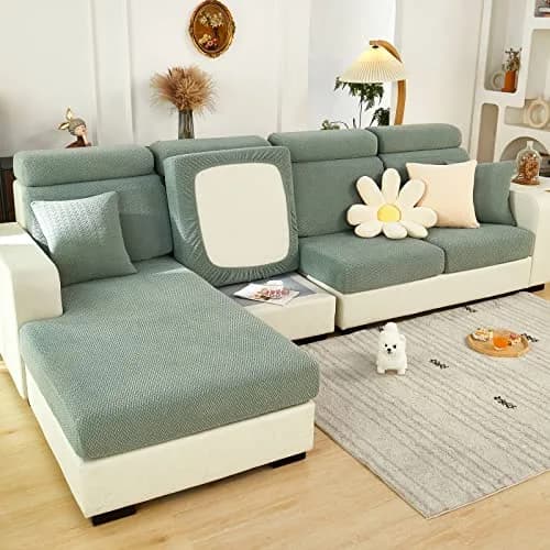 ShowyLive Weave Green Stretch Sofa Cover for L-Shape Sectional Couch, 155-185cm Length (M Back Cover) thumbnail 1