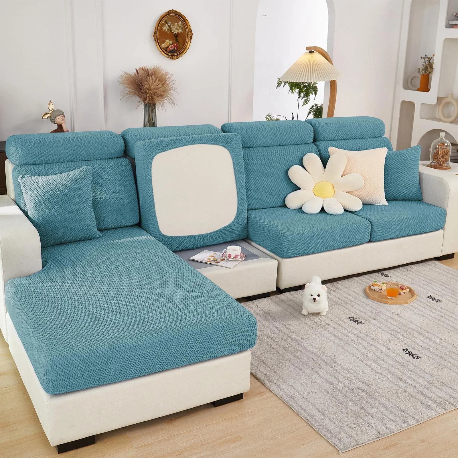 ShowyLive Stretch L-Shape Sofa Cover for Chaise Lounge - Weave Green | 155-185cm Length x 90-110cm Width — Weave Sea Blue / Large Single Seat Cover