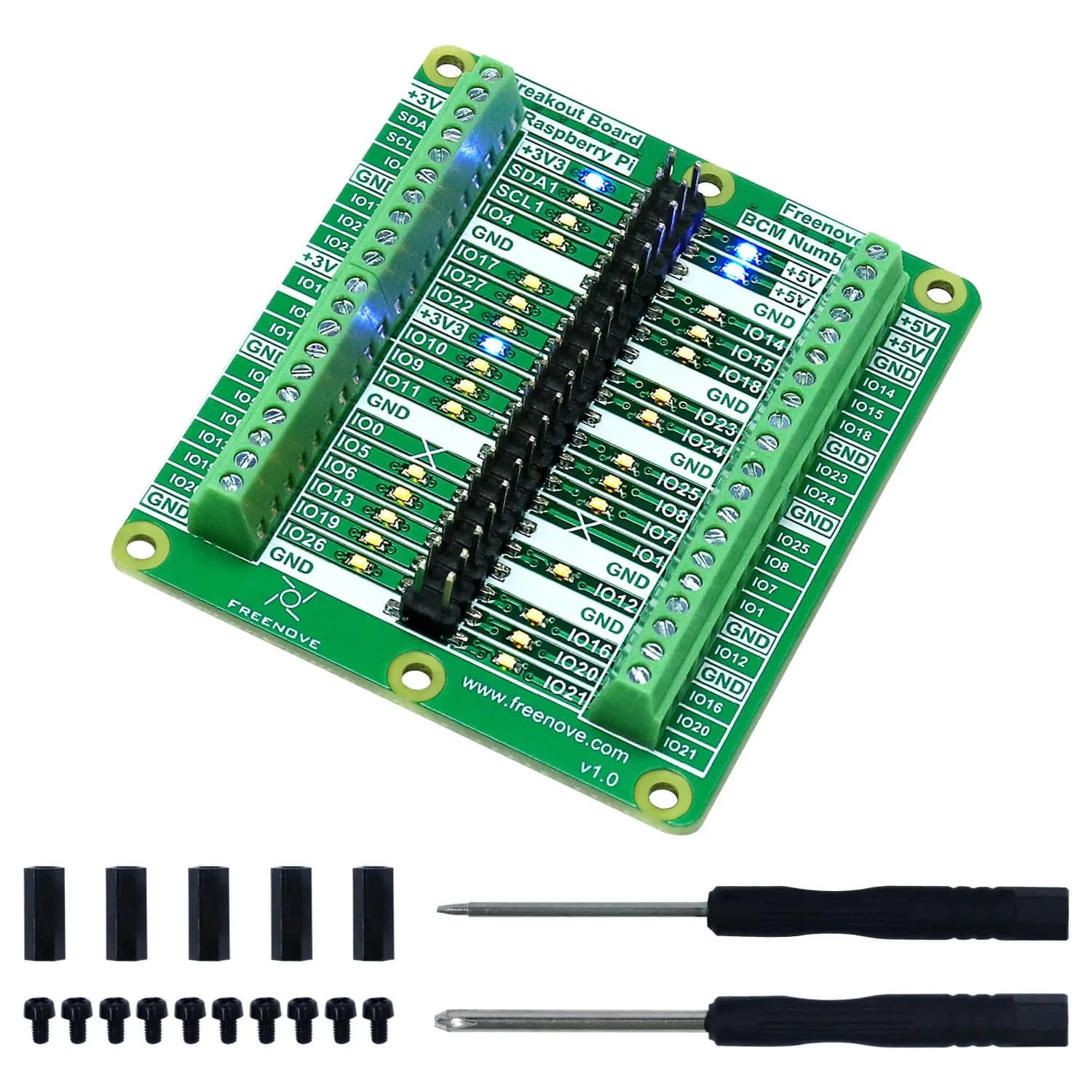 Freenove Breakout Board for Raspberry Pi 5 4B 3B+ Zero 2 W HAT | GPIO Status LEDs & Terminal Block