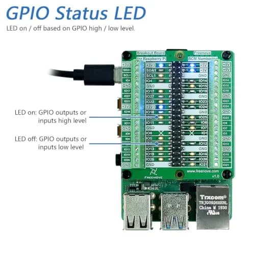 Freenove Breakout Board for Raspberry Pi 5 4B 3B+ Zero 2 W HAT | GPIO Status LEDs & Terminal Block thumbnail 3