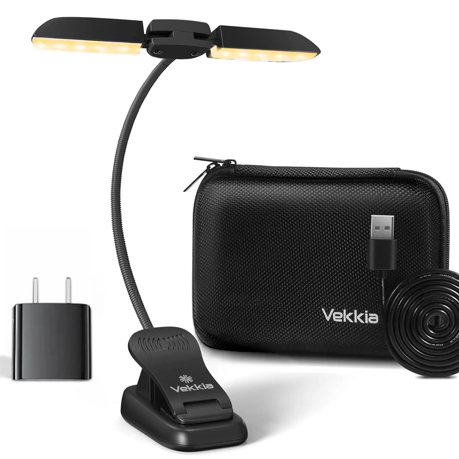 Vekkia 14 LED Rechargeable Book Light 10.1cm (4.0in) | 3 Color Modes, 3 Brightness Levels, Eye Care Lamp — Sable Black