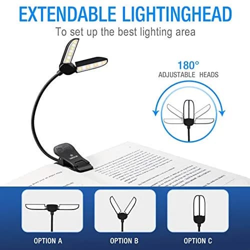 Vekkia 14 LED Book Light with Charger & Travel Case, 7 oz (198 g) | Portable Clip-on Reading Lamp thumbnail 6