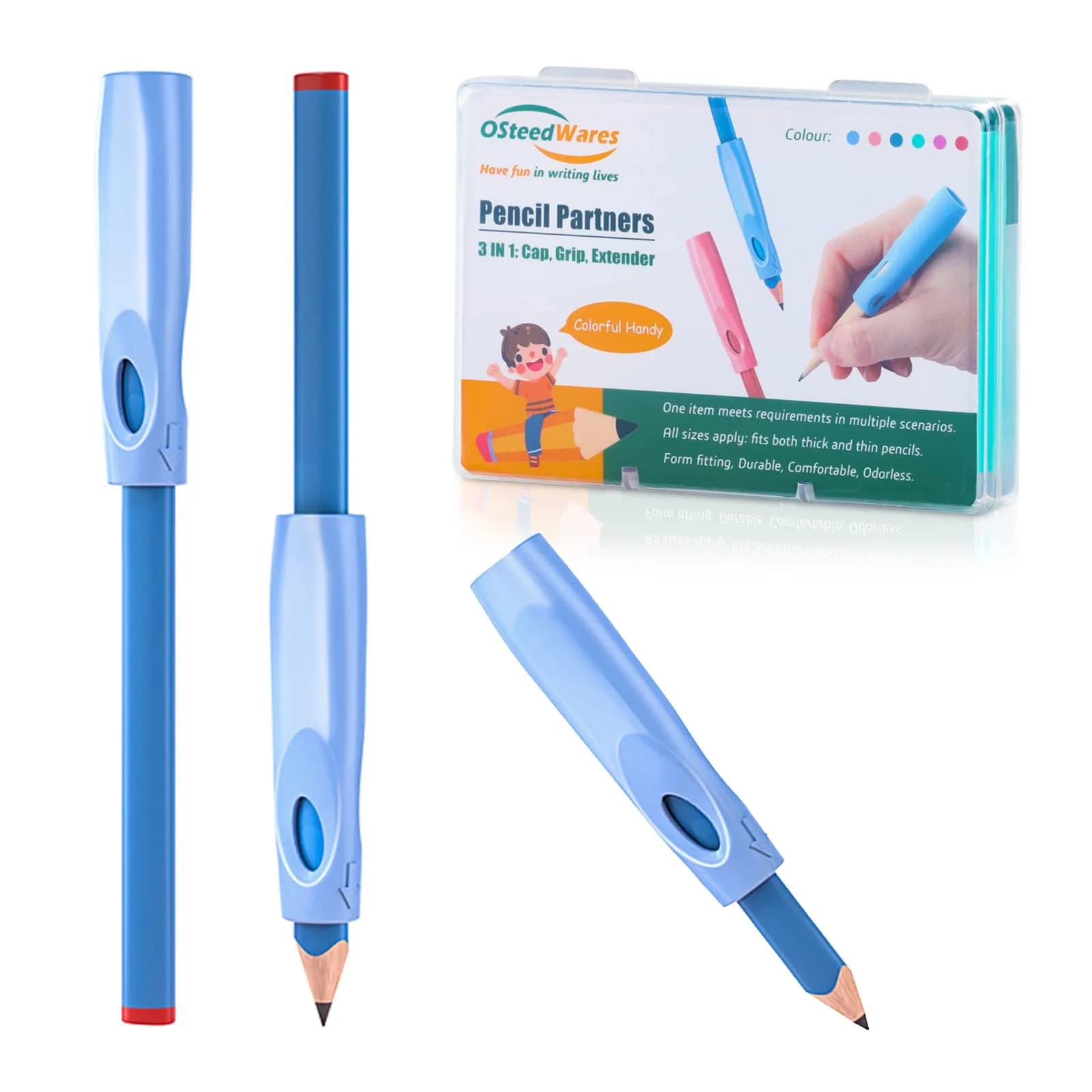 OSteed Pencil Grip, Extender & Cap 3 In 1 | Multi-Functional, Food-Grade Silicone, 6 Pcs - main product image