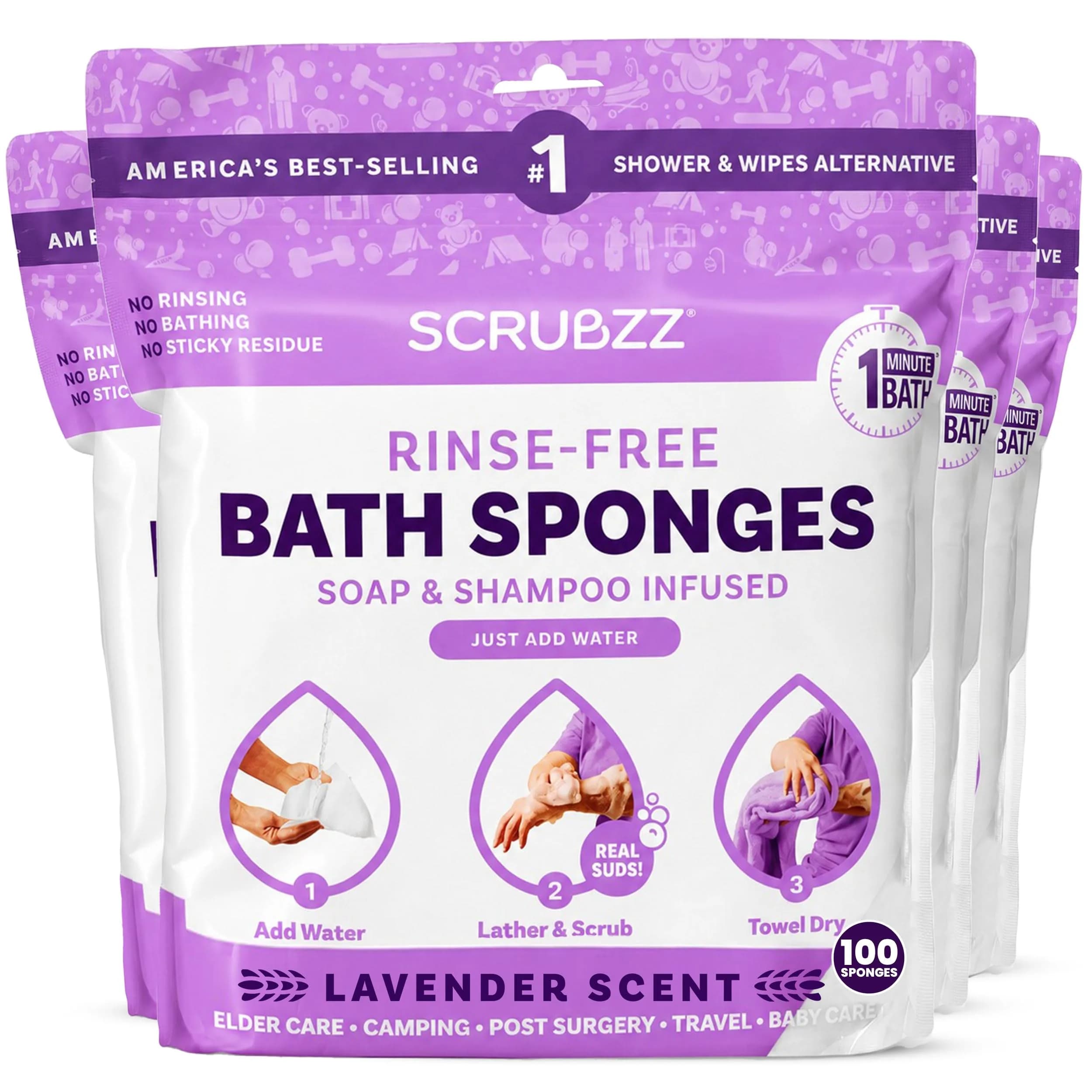 Scrubzz Disposable Rinse Free Bathing Wipes 25 Count (Pack of 1) | All-in-1 Single Use Shower Wipes — Lavender
