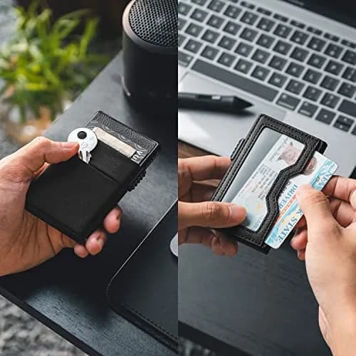 VULKIT Minimalist Pop Up Card Holder Wallet with ID Window & Airtag Pocket | 7 Cards, Cash, Keys | Black thumbnail 2