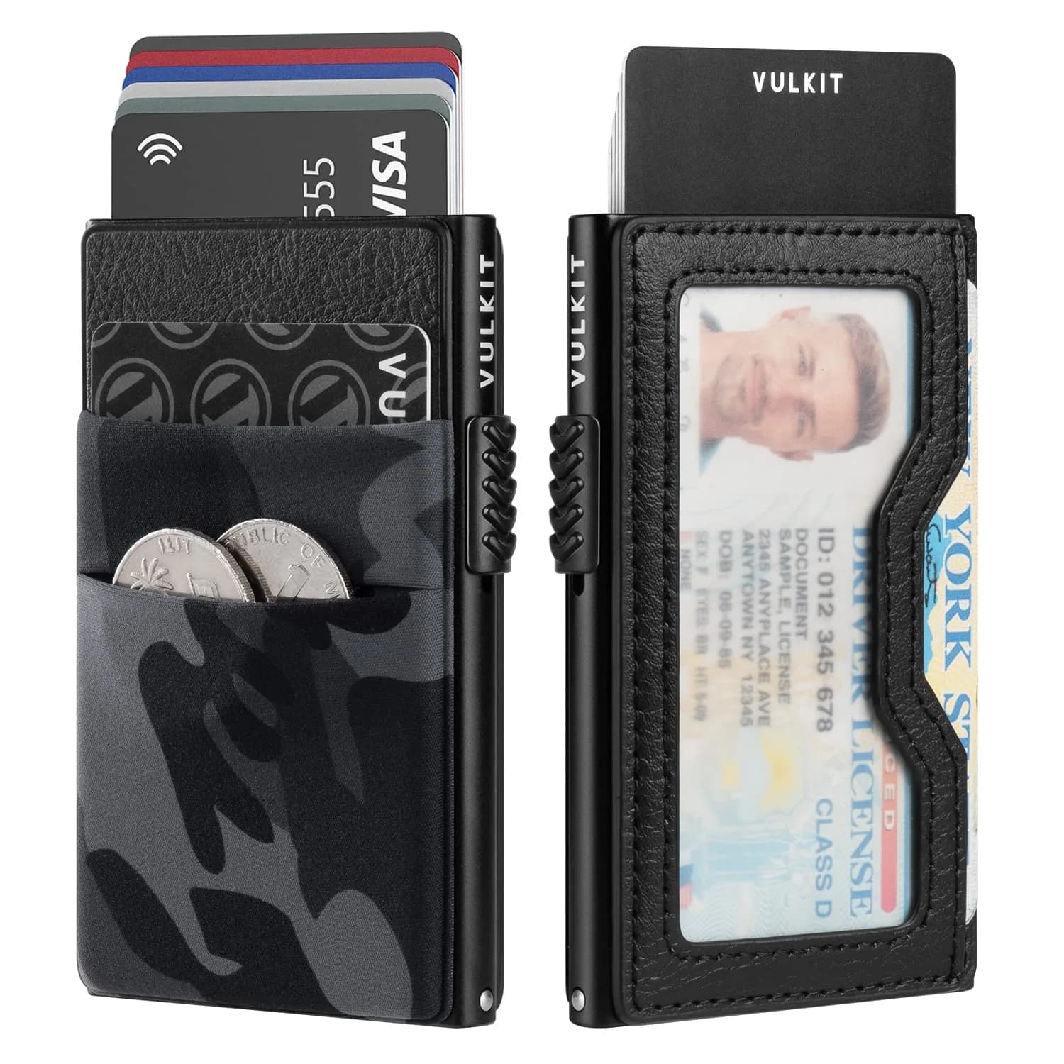 VULKIT Minimalist Wallet with ID Window & Pop Up Card Holder, RFID Blocking Slim Design for Airtag, Cash, Coins, Credit Cards (Black Camo)