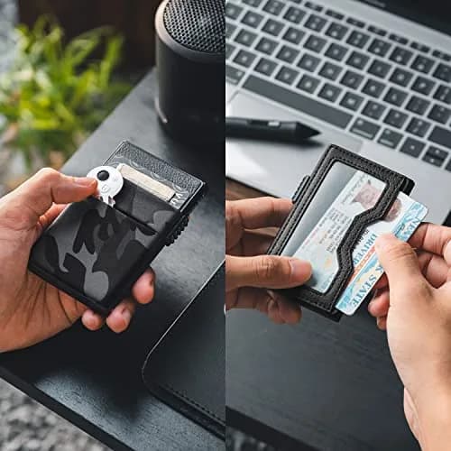 VULKIT Minimalist Wallet with ID Window & Pop Up Card Holder, RFID Blocking Slim Design for Airtag, Cash, Coins, Credit Cards (Black Camo) thumbnail 2