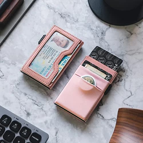 VULKIT Minimalist Pop Up Card Holder Wallet with ID Window & Airtag Pocket | Pink 6.8cm x 10.4cm thumbnail 6