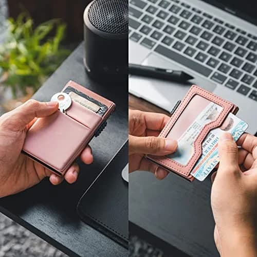 VULKIT Minimalist Pop Up Card Holder Wallet with ID Window & Airtag Pocket | Pink 6.8cm x 10.4cm thumbnail 2