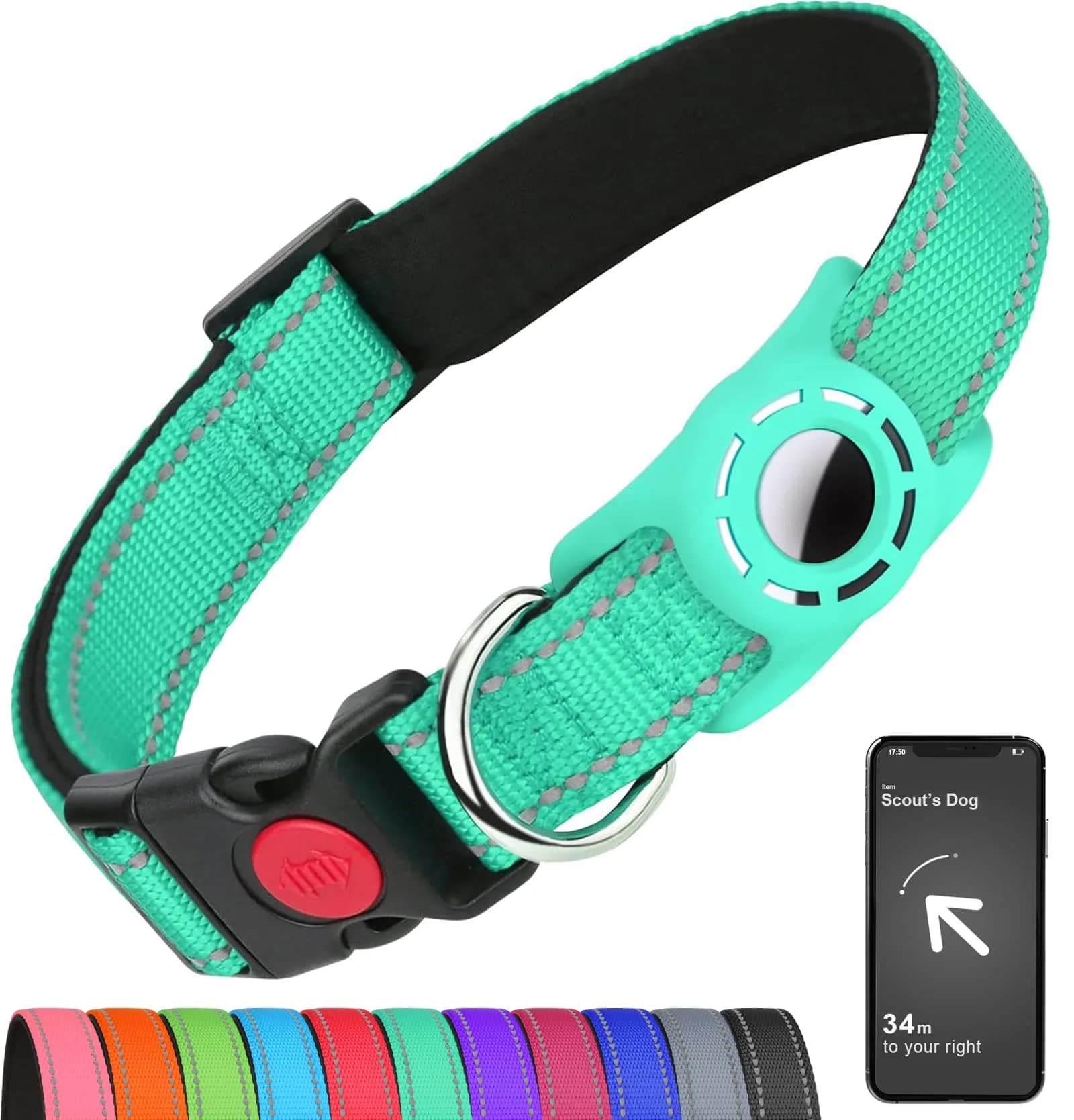 Erbine Reflective Dog Collar with AirTag Holder for Small Dogs, Teal (9"-15")