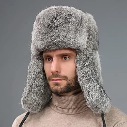 HKSICHENGKEJI Trapper Russian Trooper Hat Gray | Warm Faux Fur Earflap Cap for Cold Weather thumbnail 2