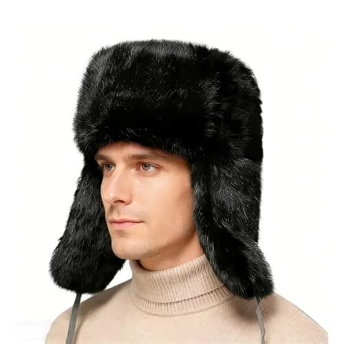 HKSICHENGKEJI Trapper Russian Trooper Hat Black | Warm Faux Fur Earflap Winter Cap thumbnail 1