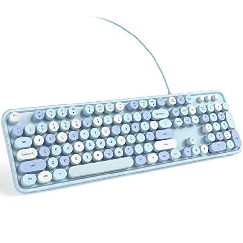 KNOWSQT Wired Computer Keyboard - Blue Colorful Retro Full Size Round Keycaps Plug and Play Typewriter Style 104 Keys | USB Wired Connection thumbnail 1