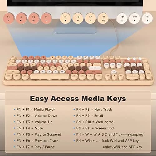 KNOWSQT Milk Tea Colorful Retro Full Size Round Keycap Wired Keyboard | 104-Key QWERTY Layout thumbnail 5