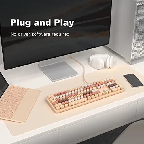KNOWSQT Milk Tea Colorful Retro Full Size Round Keycap Wired Keyboard | 104-Key QWERTY Layout thumbnail 2