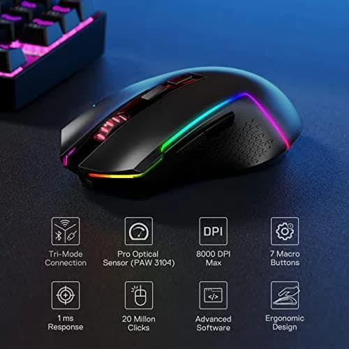 Redragon M693 Wireless Gaming Mouse 8000 DPI, 7 Macro Buttons, 3-Mode Connection | PC & Mac Gaming Mouse thumbnail 2