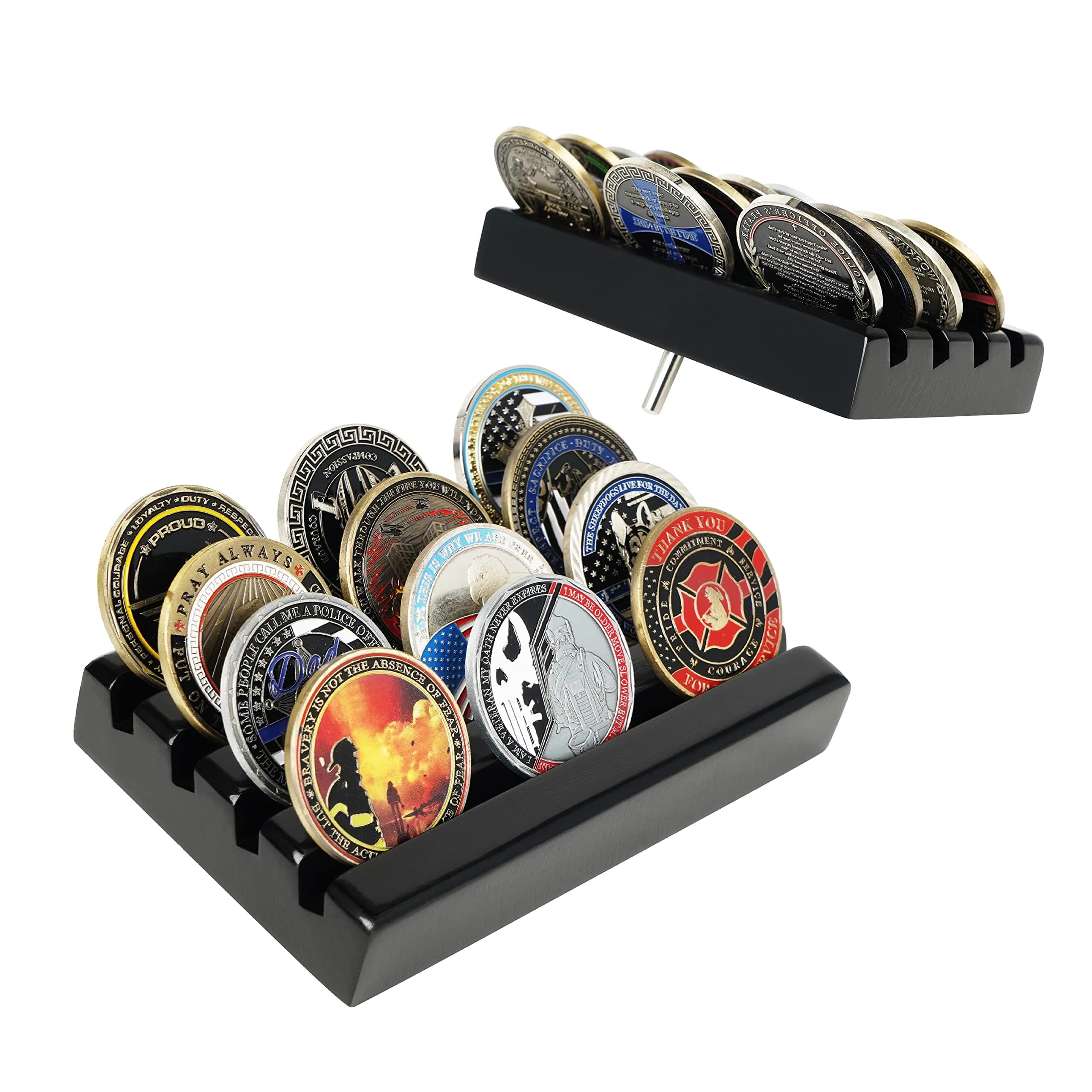 DecoWoodo Challenge Coin Holder Display Case 4 Row Solid Wood Black Finish | Space-Saving Military Coin Rack