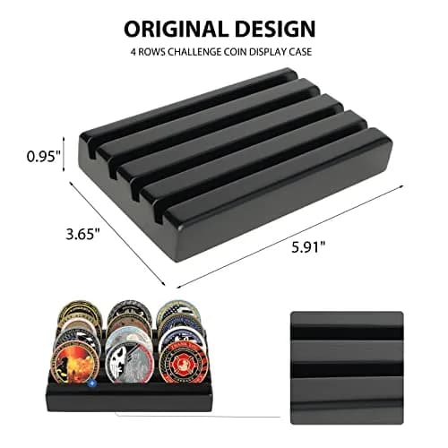 DecoWoodo Challenge Coin Holder Display Case 4 Row Solid Wood Black Finish | Space-Saving Military Coin Rack thumbnail 2