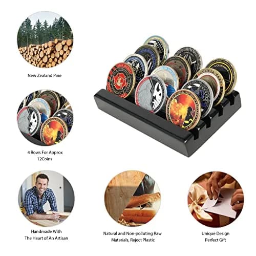 DecoWoodo Challenge Coin Holder Display Case 4 Row Solid Wood Black Finish | Space-Saving Military Coin Rack thumbnail 3