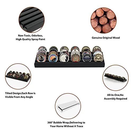 DecoWoodo Challenge Coin Display Stand 4 Rows Wooden Military Coin Holder Rack Case Holds 30 Coins, Black Finish | Elegant & Durable thumbnail 4