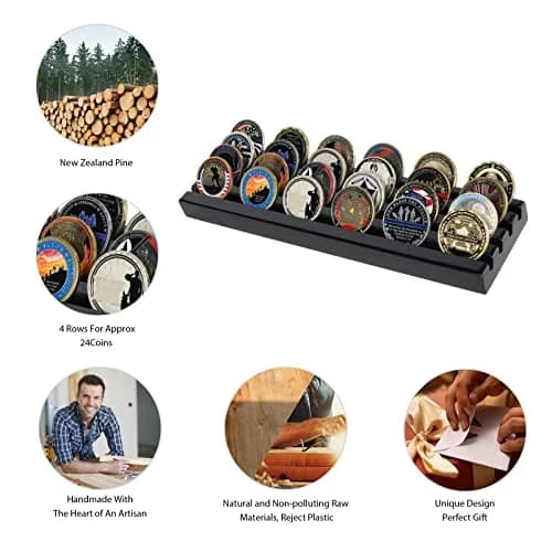 DecoWoodo Challenge Coin Display Stand 4 Rows Wooden Military Coin Holder Rack Case Holds 30 Coins, Black Finish | Elegant & Durable thumbnail 3