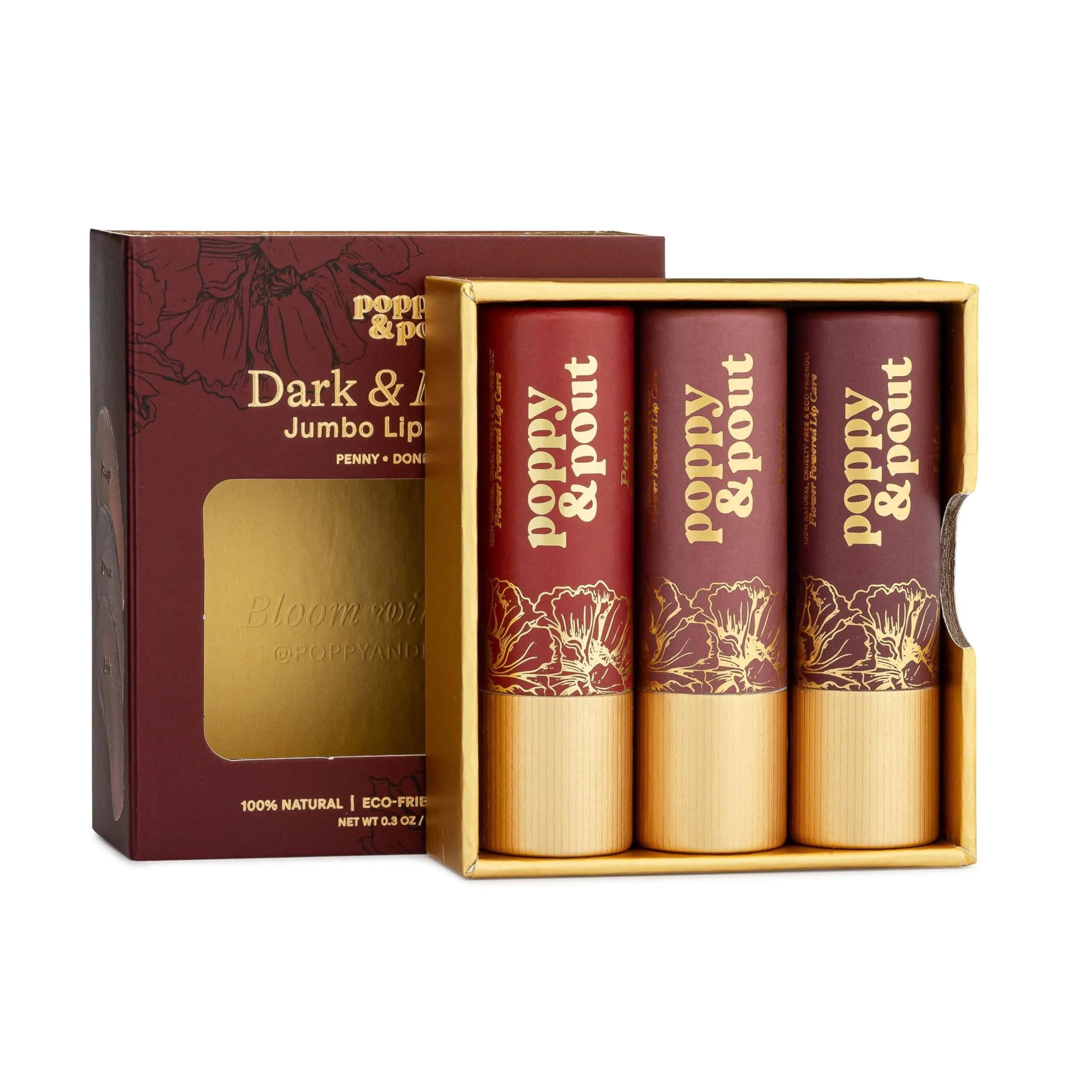 Poppy & Pout All Natural Lip Tints, 10pk | Sustainable Cardboard Tubes, Beeswax, Vitamin E, Coconut Oil (0.3oz each) — Dark & Dreamy Trio