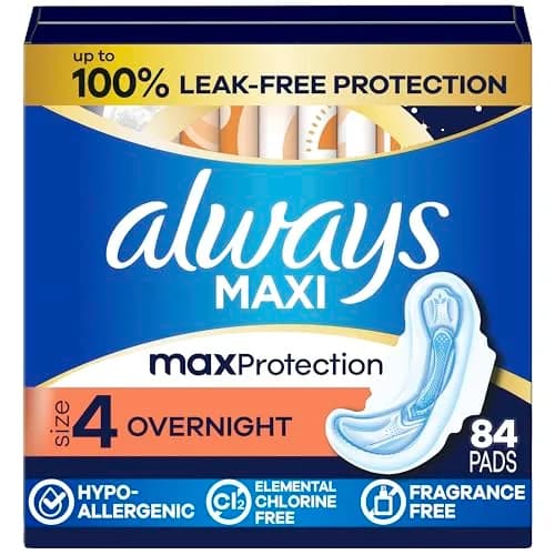 Always Maxi Overnight Pads with Wings, Size 4, 84 Count (3 Packs of 28) | Dermatologist Tested for Sensitive Skin thumbnail 1
