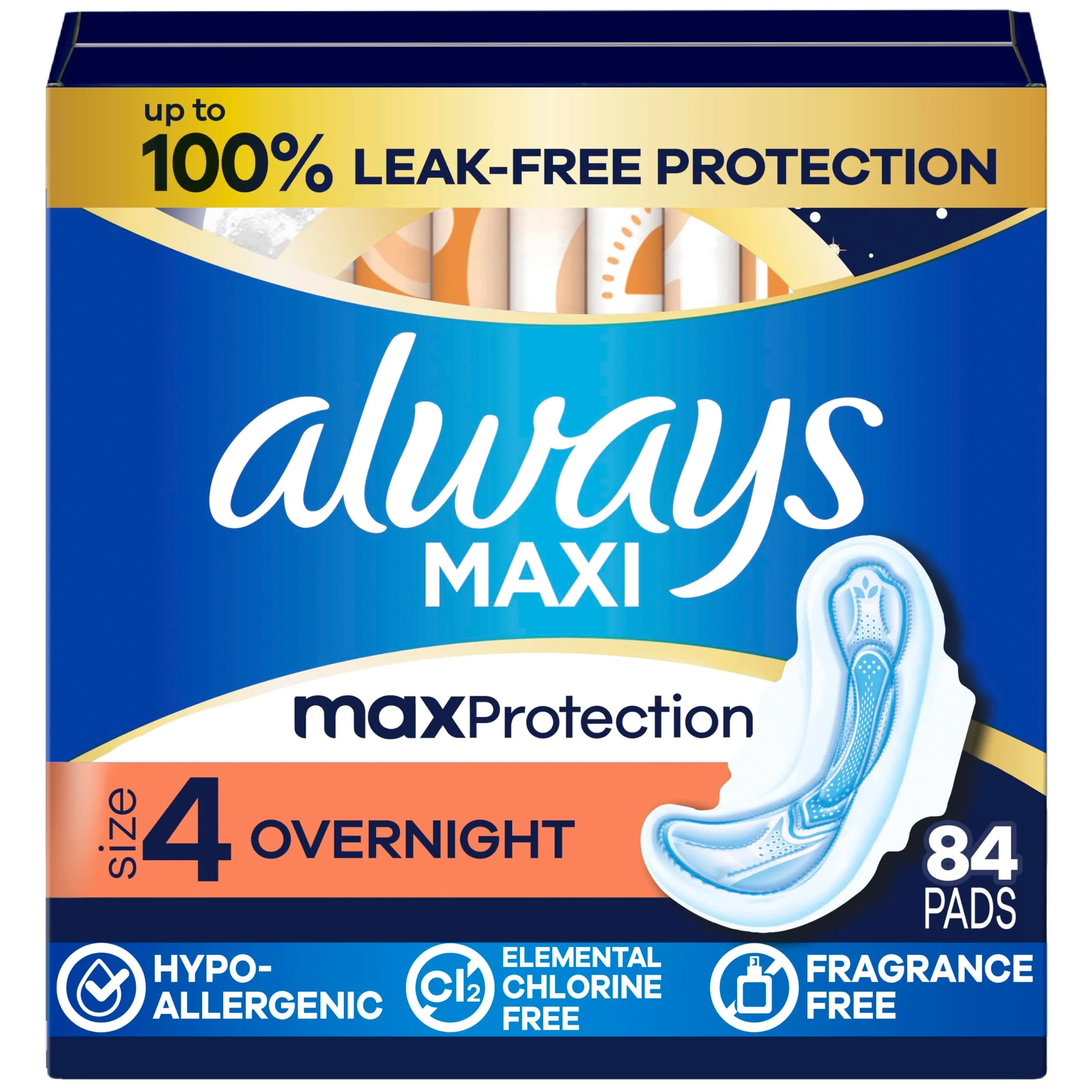 Always Maxi Overnight Feminine Pads with Wings for Women, Size 4, Overnight Absorbency, Unscented, Leak-Free Protection, 48 Count | Long-lasting overnight coverage — Overnight (Size 4)