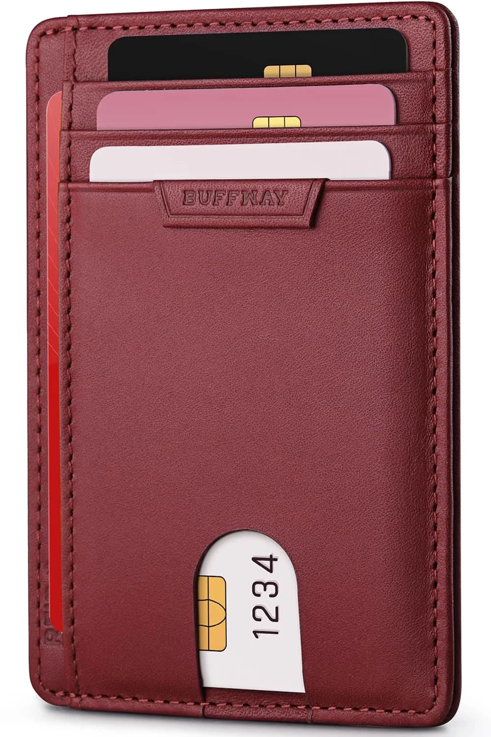 Buffway Slim Wallet for Men Women Minimalist Small Leather Front Pocket Wallets with RFID Blocking and Gifts Box - Bassa Mars Red | Compact RFID Wallet - main product image