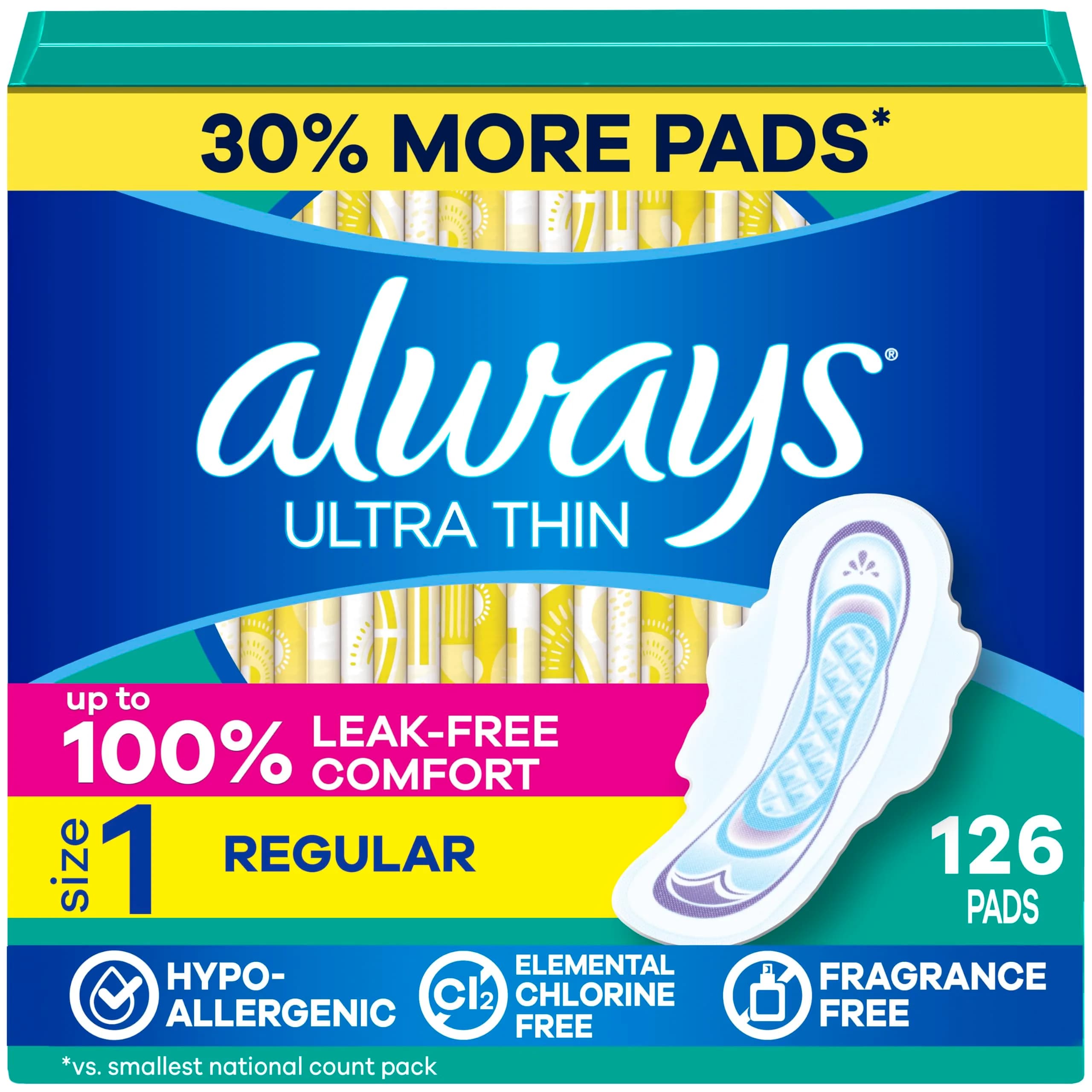 Always Ultra Thin Feminine Pads with Wings, Size 1, Regular Absorbency, Unscented, 126 Count | 100% Leak-Free Protection