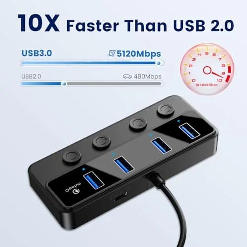 Q QEEFUN 4-Port USB 3.0 Hub with Individual LED Power Switches & 2ft Cable | 5Gbps Data Transfer thumbnail 2